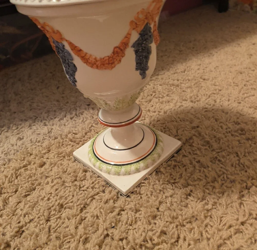 Vintage Italian Mottahhedeh Decorator Urn with Multicolor Relief Accents And Lid